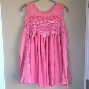 Free People Oversized Flowy Gossy Boho Tunic Pink Distressed cotton Top Size L,